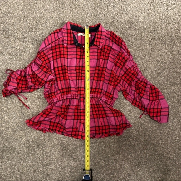 Free People Pacific Dawn Red Pink Plaid Shirred Shirt Top. Size Medium. - Picture 11 of 15